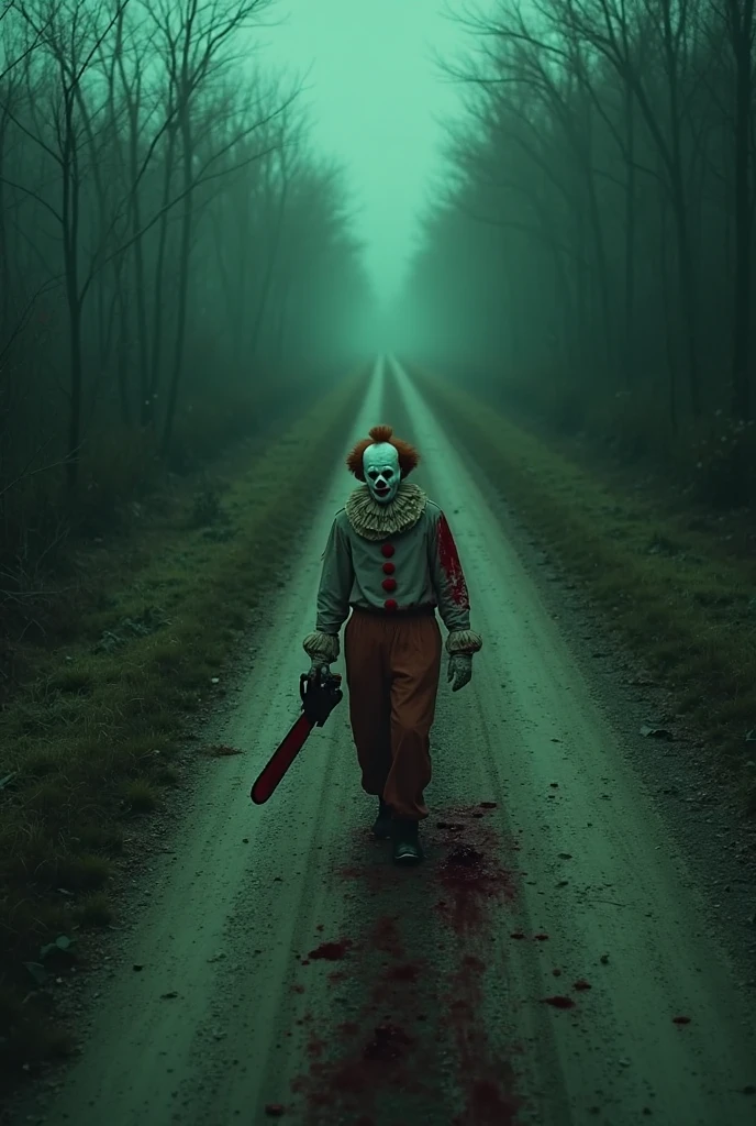 sinister and cruel killer clown with a chainsaw in a camp going to end a group of teenagers running in panic and afraid of the clown trying to find a shelter in the middle of the dark and gloomy forest and using flashlights