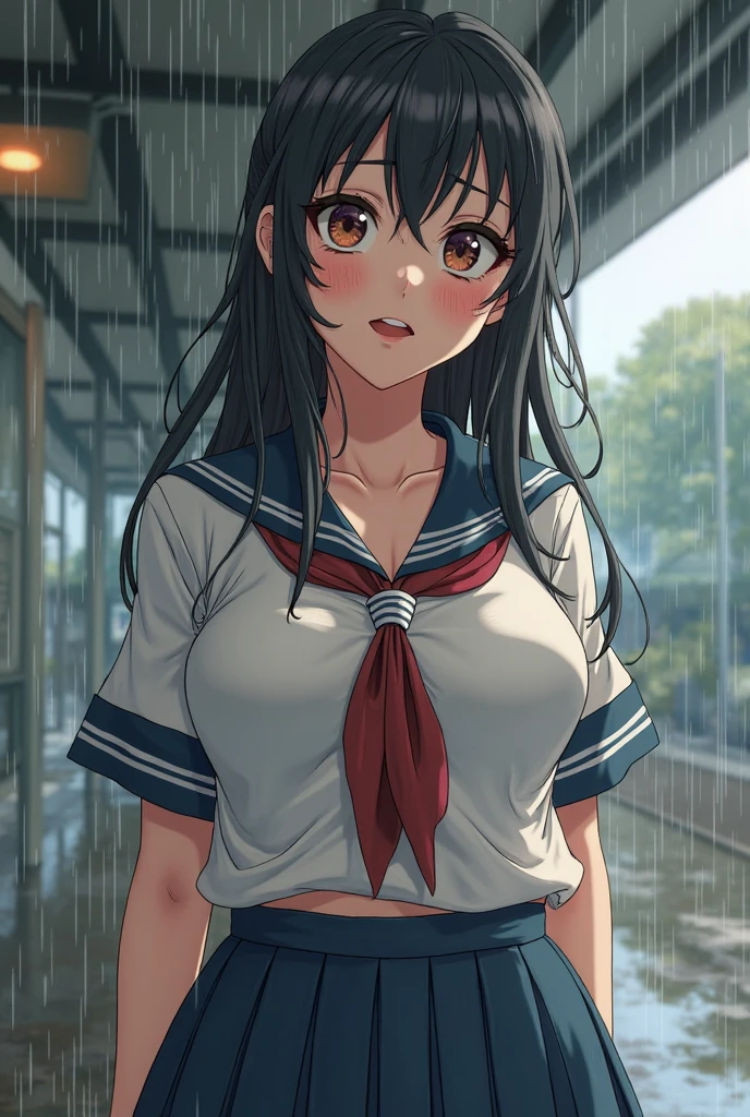 inuyamamana　Mana Inuyama　/　anime,Shyness,clear,Long Black Hair,School uniforms that are wet and transparent from the rain,His arms are tied and he is hanging from a rope