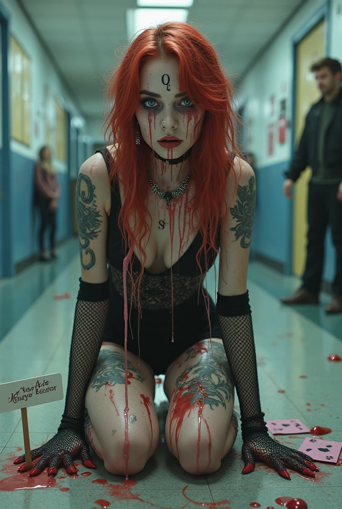 A young Caucasian woman with long red hair, tied back with a headband, is standing with her arms raised, looking distressed. She is wearing a tied plaid shirt that reveals her midriff and denim shorts, both stained with blood. The background is a dark, eerie room filled with hanging meat hooks and a human skull on a table, creating a sinister and threatening atmosphere. Shadows stretch across the room, and the lighting is dim and haunting, casting an unsettling glow. The woman's face shows a look of fear and shock, as if she is in a life-threatening situation.