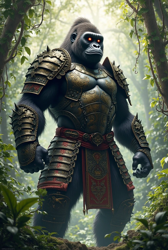 In the heart of the vibrant and mystical Kong Newo Imperio, observes a towering, muscular gorilla in an idling, regal pose. His large, expressive brown eyes gleam with wisdom and power, his intricately detailed, fur-covered body adorned with intricate scars and markings. The golden sun casts a warm light upon him, bathing the lush, tropical landscape in a rich, golden hue. The precise lines and contours of his body are showcased in this full-body, high-definition rendering. His bearing is that of a proud and strong leader, his demeanor radiating confidence and protection. Trending on ArtStation