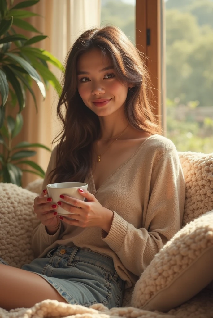 Woman wearing short cycling shorts and sweater as loungewear at home