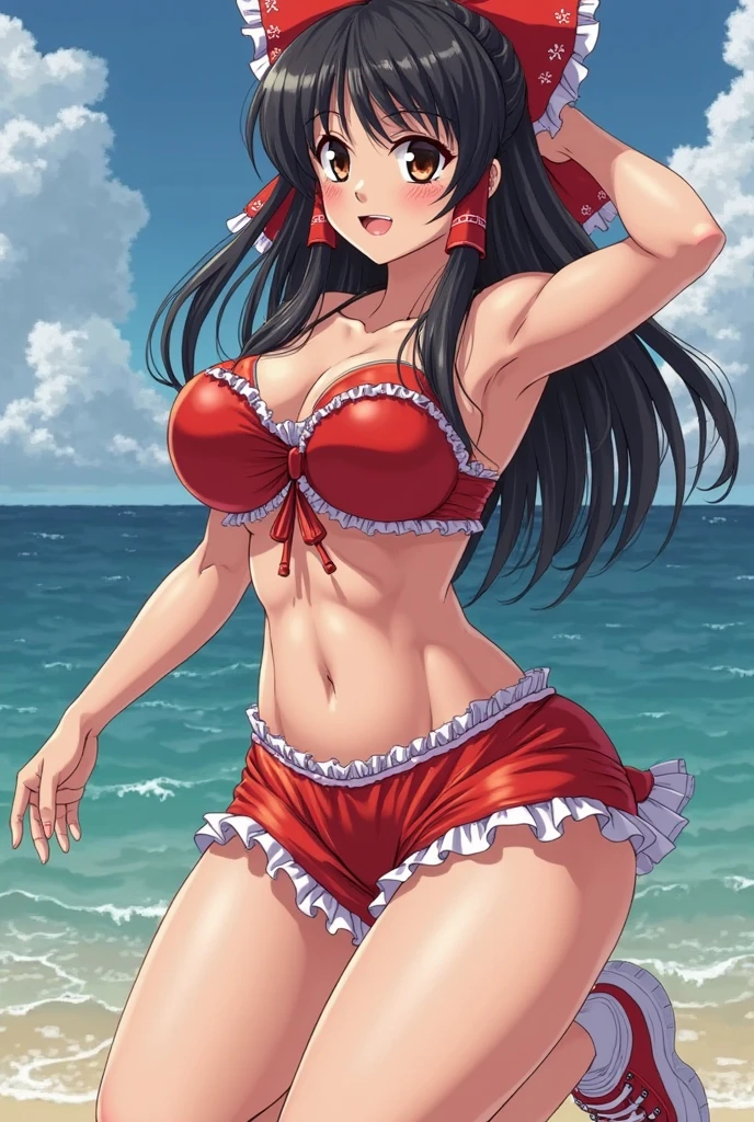 (masterpiece, best quality:1.2), <lyco:kancolle_taigeiv2-12:1.0>, cowboy shot, solo, 1girl, ryuuhousummer, smile, looking at viewer, hair flaps, ahoge, low twintails, sun hat, bikini, sarong, beach