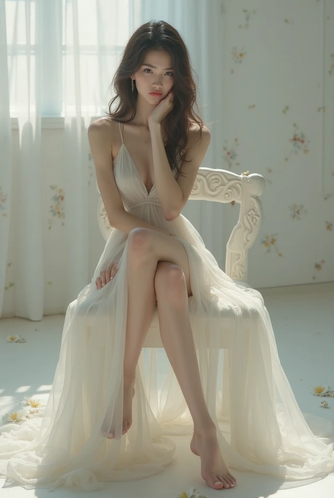 fashion photoshoot: 1 woman,soft light,rim light,beautiful,realistic,studio photography,natural skin texture,realistic 눈과 얼굴 디테일,surrealism,ultra high resolution,4K,best quality,masterpiece,Fashion Magazines,vogue magazine,Quirky Fashion,magazine cover,full body shot,touch one&#39;s chest,크기가 big_I know it well,femur_gap,floating_hair,hair_blowing,shining_skin,big_femur,Thick_femur,Wearing only an open blazer,underwear