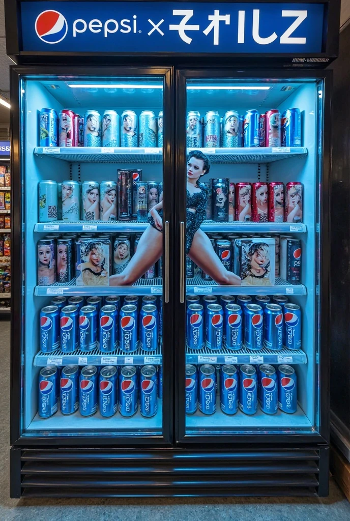 frozen display case with mannequin holding coca cola with clock behind