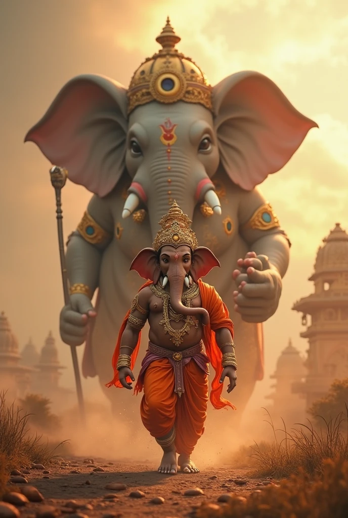 Ganpati god with big muscles detailed whites and black background foggy Indian flag and orange flag angry face with red eyes sitting on mouse