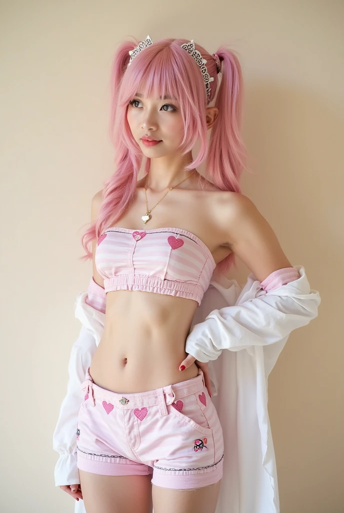araffe with pink hair and a black top and a pink skirt, a photo by Randy Vargas, tumblr, conceptual art, y 2 k cutecore clowncore, anime character; full body art, bubblegum body, cosplay, her belly button is exposed, half body cropping, wearing pearl neon bikini, anime girl cosplay, glamourous cosplay