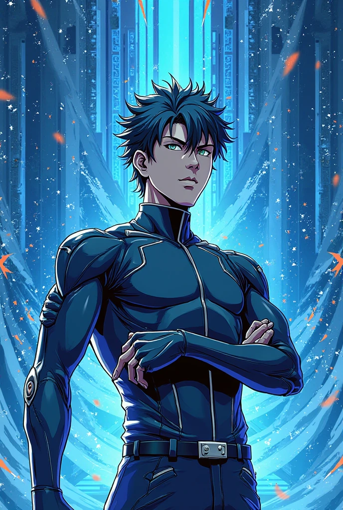 Generate anime-style art with a high-angle shot of a muscular male character with his body facing the camera, THE CHARACTER IS STANDING ON TOP OF A TALL BUILDING, The protagonist must have an extremely muscular body, very tall, similar to that of a bodybuilder. The character must have very short hair with dark brown bangs and must be wearing a red long sleeve T-shirt with black pants and a belt and must be wearing a white sneaker. The image should depict the character's entire body, focusing on his intimidating posture. The protagonist must exude strength and dominance, displaying a powerful presence. The scene should feature only the muscular character, THE CHARACTER SHOULD BE ON TOP OF A BUILDING SHOWING A LARGE CITY BELOW HIM