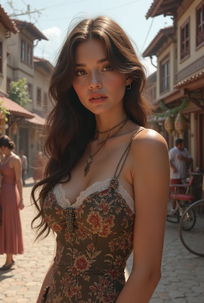 sexy senorita mexican western RPG character BiancaPanconi painting brunette hair upsweep updo corset (straps buckles:1.2) dress outdoors desert ruins (masterpiece:1.4) (best quality:1.4) (8k) (HDR) (wallpaper) (cinematic lighting) (sharp focus) (intricate) Style-Sylvamagic <lora:BiancaPanconi:0.9>
