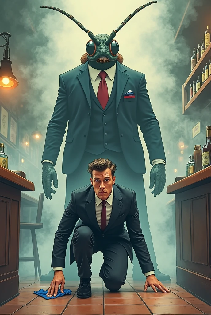 full body version, 1man, middle-aged, professor, short height, small legs, white coat, black pants, black eyes, black hair, loose hair, yellow skins, square head, beard, a symbol on his forehead, black handkerchief, Grassroots, (Has a pet orc with a robotic body, full body version, red skin, blue eyes)
