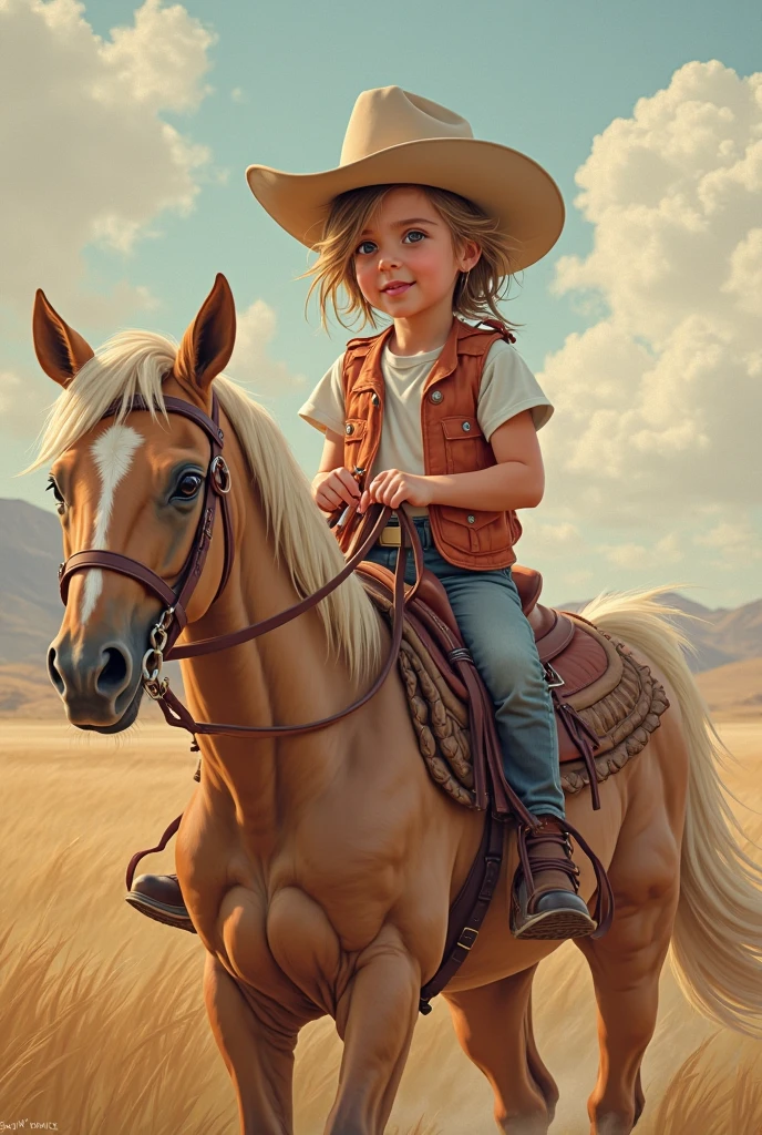 To create a child dressed in black cowgirl attire, with fringe clothes, medium hair, wavy and dark blond and hat, Ana Castela style, on top of a horse spinning a lasso