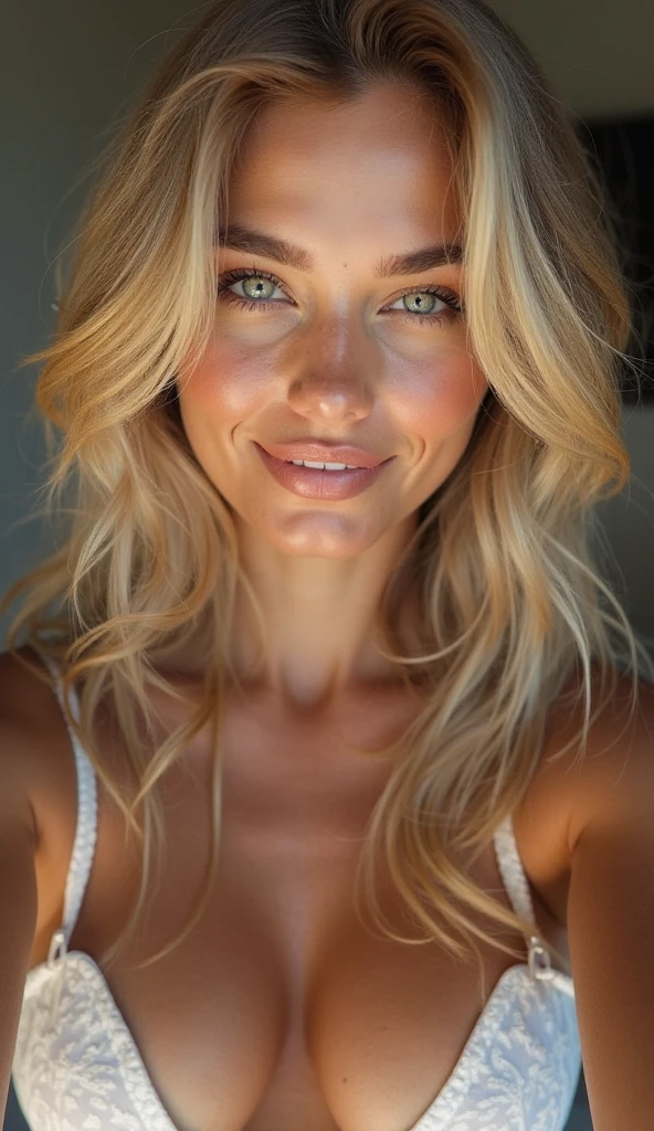 ((BLONDE)), ((BIGGER BREASTED)), (Pretty face), (structured jaw line), (Beautiful Woman), White, woman, blue eyes, her name is Pam, wanting me, cute nose, plump lips, age 35, wink