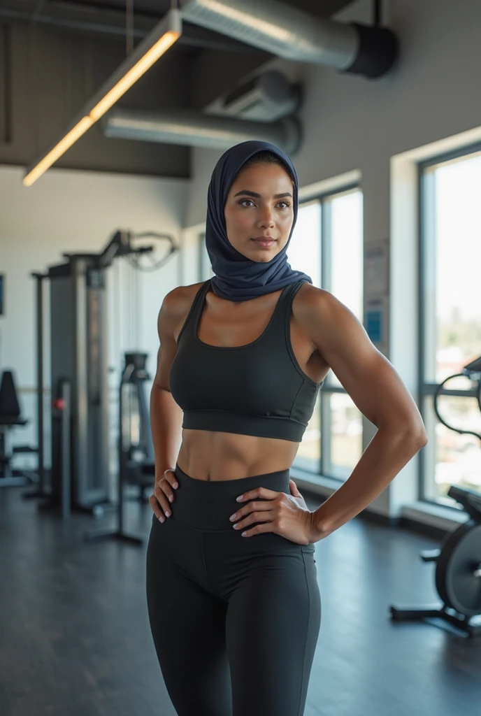 with black headscarf, black sweatpants, White skinned, Barefoot woman doing doggy style exercise with male trainer in gym