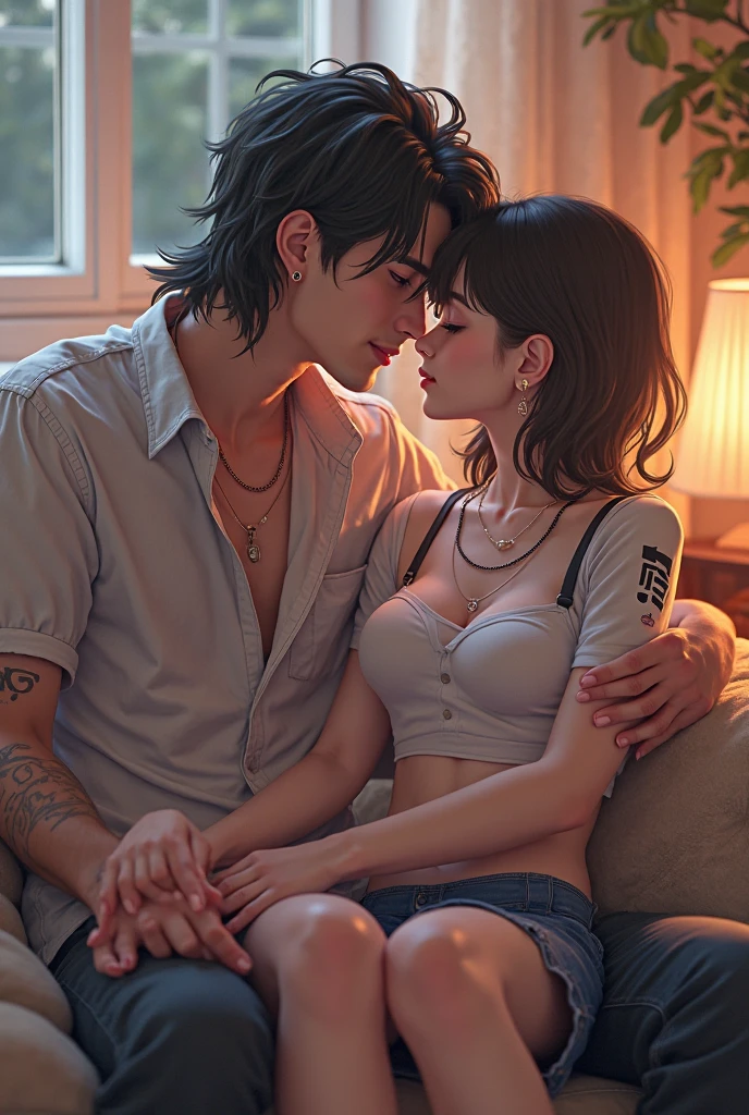 A woman is rubbing her chest by a man、Woman's hand grabs man's crotch、Woman tilts her face to man's waist、Lower panties to the knees,
