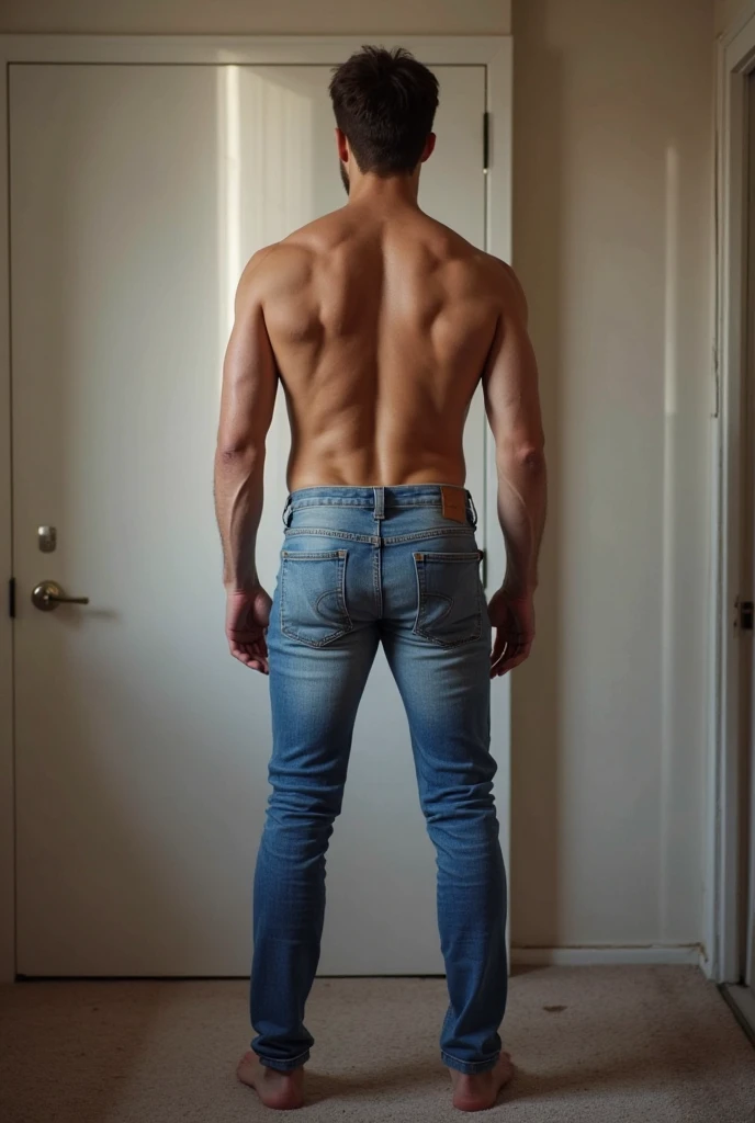 there is a man taking a photo in the mirror, slim photo, 18 years old, perfect body, shirtless, 1 6 years old, by :5 sexy: 7, with abs, tommy 1 6 years old, the extremely hot and sexy, 2 2 years old, cut half body, very tight denim shorts, 21 years old, 2 3 years old