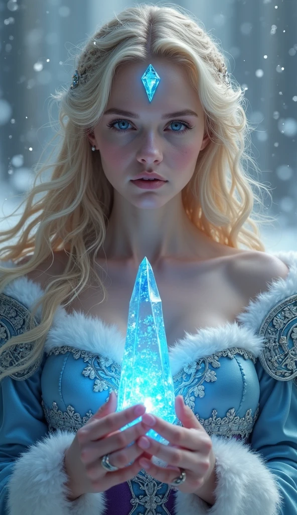A cute woman with blue skin, deep blue eyes, pointy ears, waist length pale hair, wearing a sapphire sequin sparkling evening gown, inspecting her ice sculpture flower garden in a snow landscape at twilight, masterpiece, highly detailed, photorealistic, 8k, hyperrealistic, intricate details, cinematic lighting, dramatic colors, fantasy, elegant, magical, whimsical, ethereal