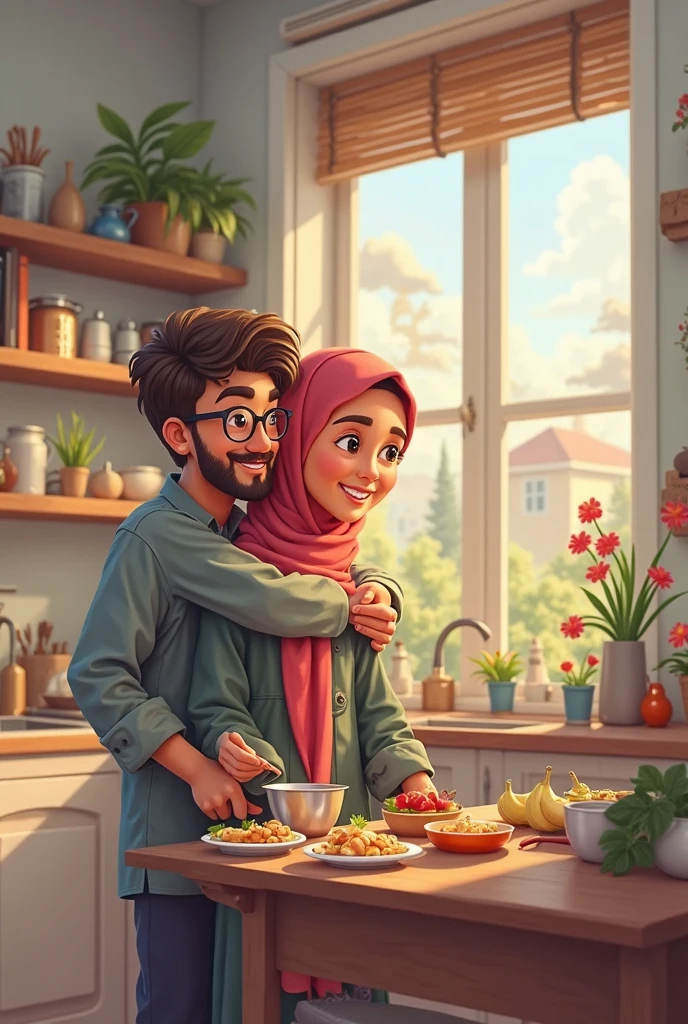 Anime men with beard and anime woman with hijab cooking together in kitchen.