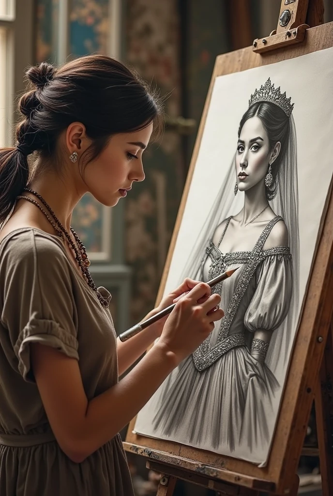 arafed woman standing in front of a drawing of a woman, artgerm portrait, professional portrait drawing, traditional portrait, inspired by Art Frahm, portrait art, classic portrait, realistic female portrait, art portrait, traditional drawing style, realistic renaissance portrait, artgerm and william bouguereau, matte drawing. masterpiece, classical portrait, masterpiece anthro portrait