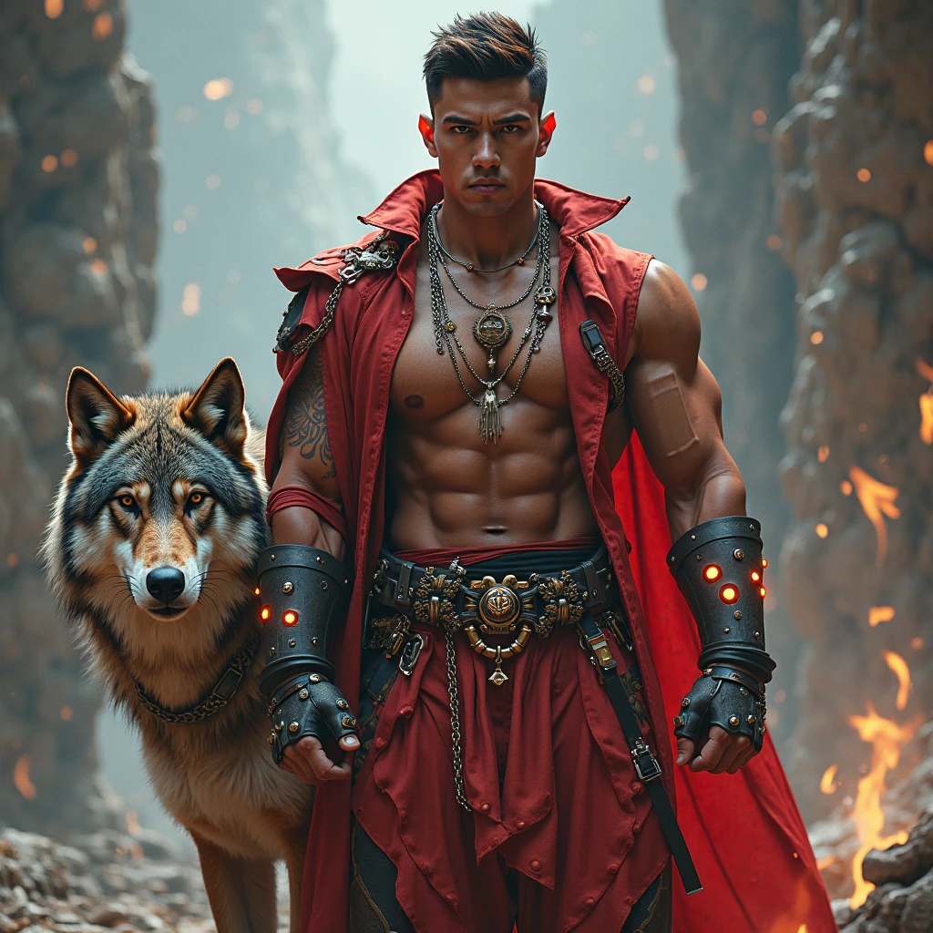 film still of a beautiful, lightly toned, 18 year old latino male with a boyish face. He is in a dynamic pose, protecting a dragon behind him with magic effects. He is wearing open brown leather pants, thick brown leather cuffs, and has a thick iron chain around his neck. They are in a large, dark cavern, lit by fire. The scene is highly detailed, anamorphic, with cinematic lighting. The photo is wide angle, long shot and includes the man's face and whole body. There is a high depth of field to the back of the cavern. The photograph has been captured with a Nikkon Z FX. It is the most beautiful image ever seen. <lora:hardvpl:0.8>