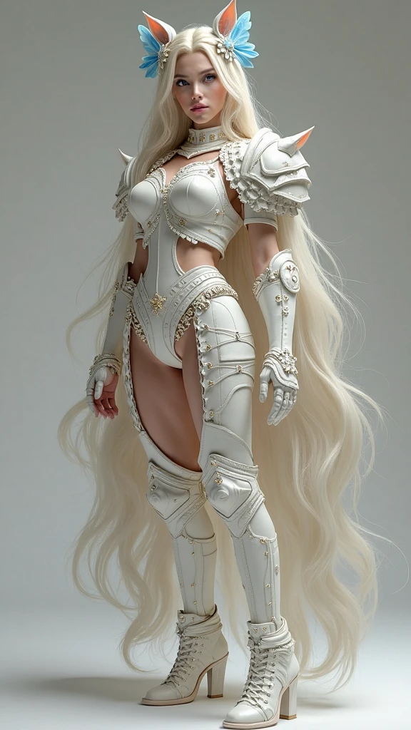 uma imagem de desenho animado de uma mulher em armadura com uma espada, girl of the zodiac knights, Claymore, pale black armor, streamlined Armadura branca, wearing witch blade armor, com elegante armadura prateada, com uma armadura leve de couro, Women&#39;s Knight Bikini Armor, albedo do anime overlord, em armadura de opala, dressed in ethereal battle armor, hahaha, Armadura branca, 12 meters long hair, , ([long hair hair]:1.8), (full body:1.8),long haircut, the hime cut, large highlights, hair coloring, spaghetti hair, really long, wet flowing hair, clean long lines, glossy and drippy, stranding straight, very elongated lines, very long and unkempt hair, long sleek tail behind, Ridiculously large amount of hair、The hair is ridiculously bushy, Hide my hands with long hair、Hide my fingers with long hair, , (Details of the face and eyes: 1.2), silver eyes
