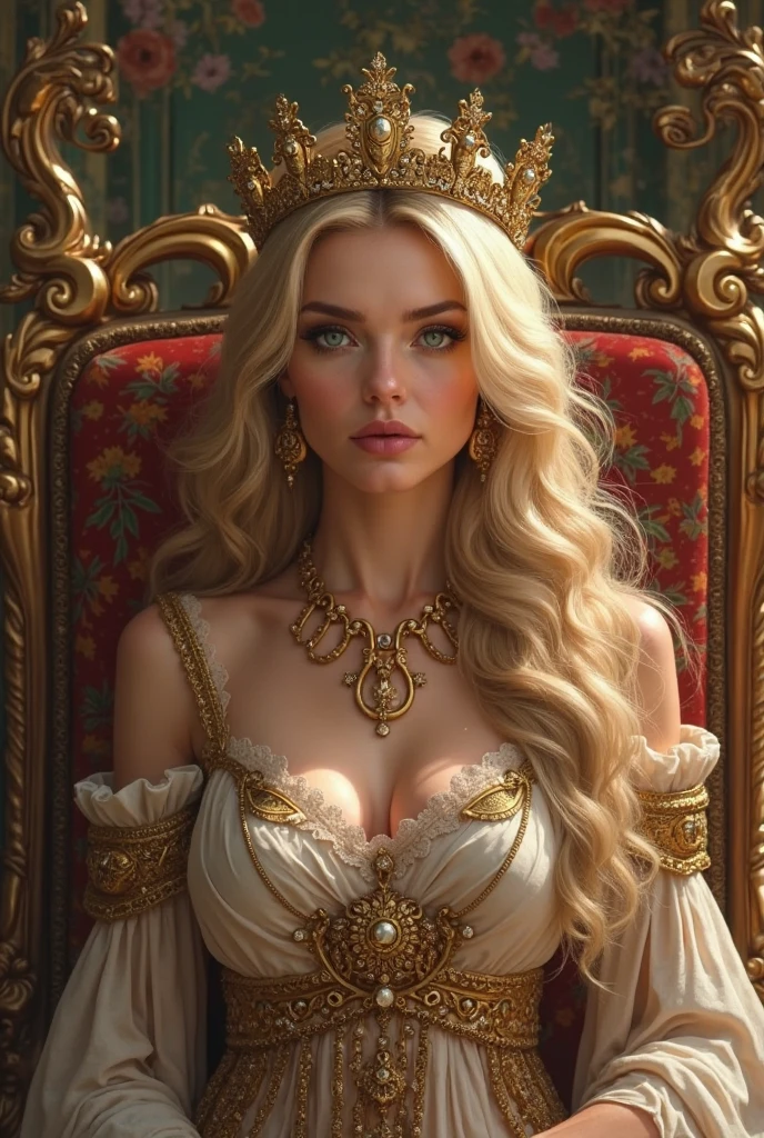 (by Greg Rutkowski: 1.2), ((masterpiece, best quality)), extremely delicate and beautiful, illustration, (highly detailed face and body, highly detailed eyes, perfect hand). ((busty beautiful aristocrat, blonde gradient hair elegantly coiled, royal hair style, clear eyes, golden accent royal dress, sit elegantly on a couch)), ((full-body)), captivating gaze, HD. elegance. photorealism. Unreal engine. From Brian Froud and Carne Griffiths and Wadim Kashin and John William Waterhouse, 8K post-production, high resolution, hyperdetailed, depth of field, HDR, intricate