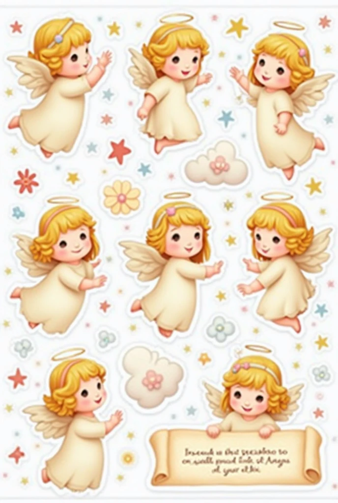 Illustration of baby boy triplets with feminine features. One of them is blond with long wavy hair and blue eyes and two blond twins with shoulder-length wavy hair and golden eyes. All three are wearing dress pajamas.
