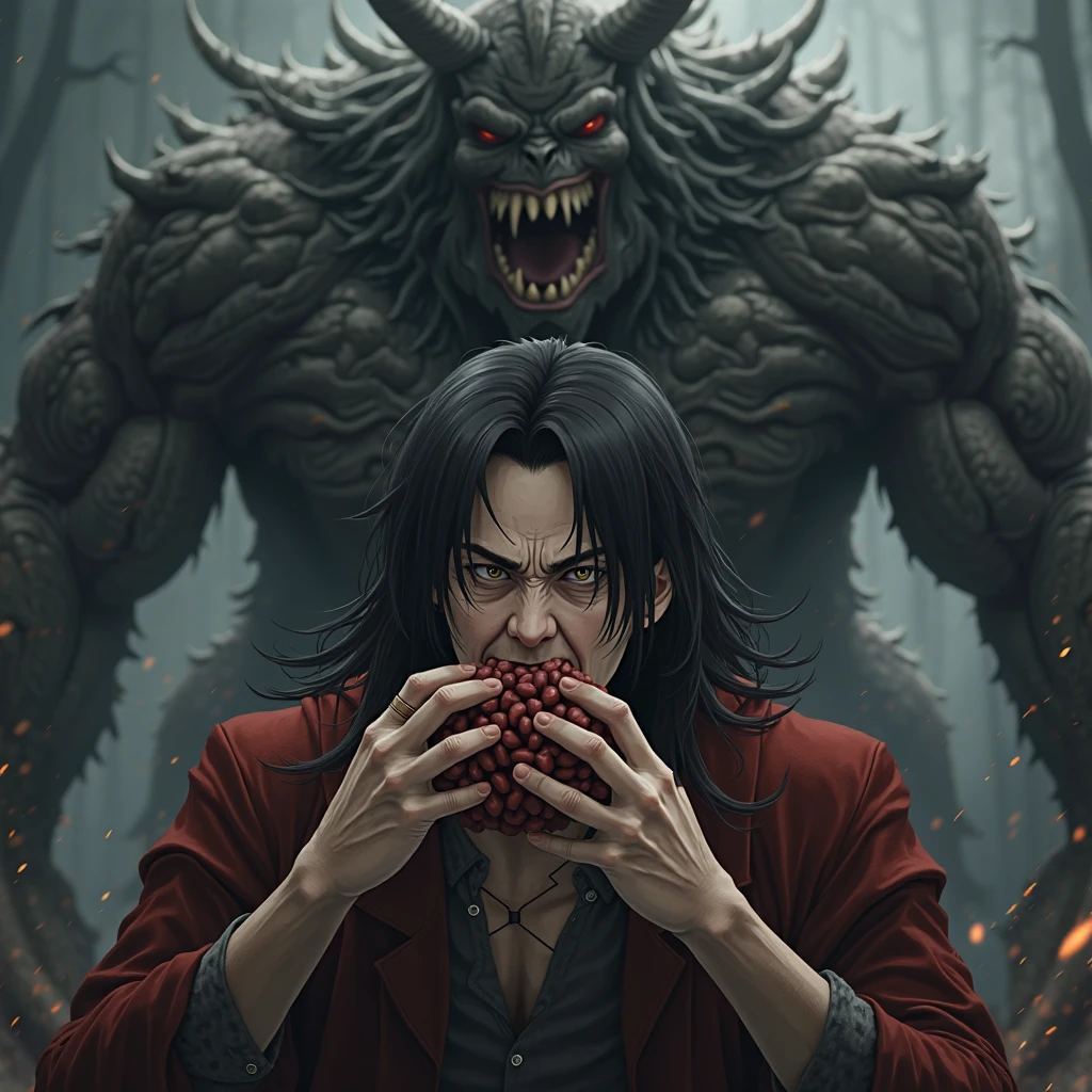 Create pages for a comic book with the boys style,a horror story in a cornfield at night,with rain and a scary monster,and it has a male character like dean winchester,in black denim jacket and red plaid shirt.