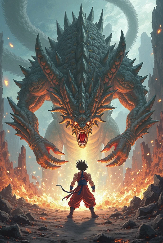 Boy he has purple eyes and fit body punching a big dragon in front of him