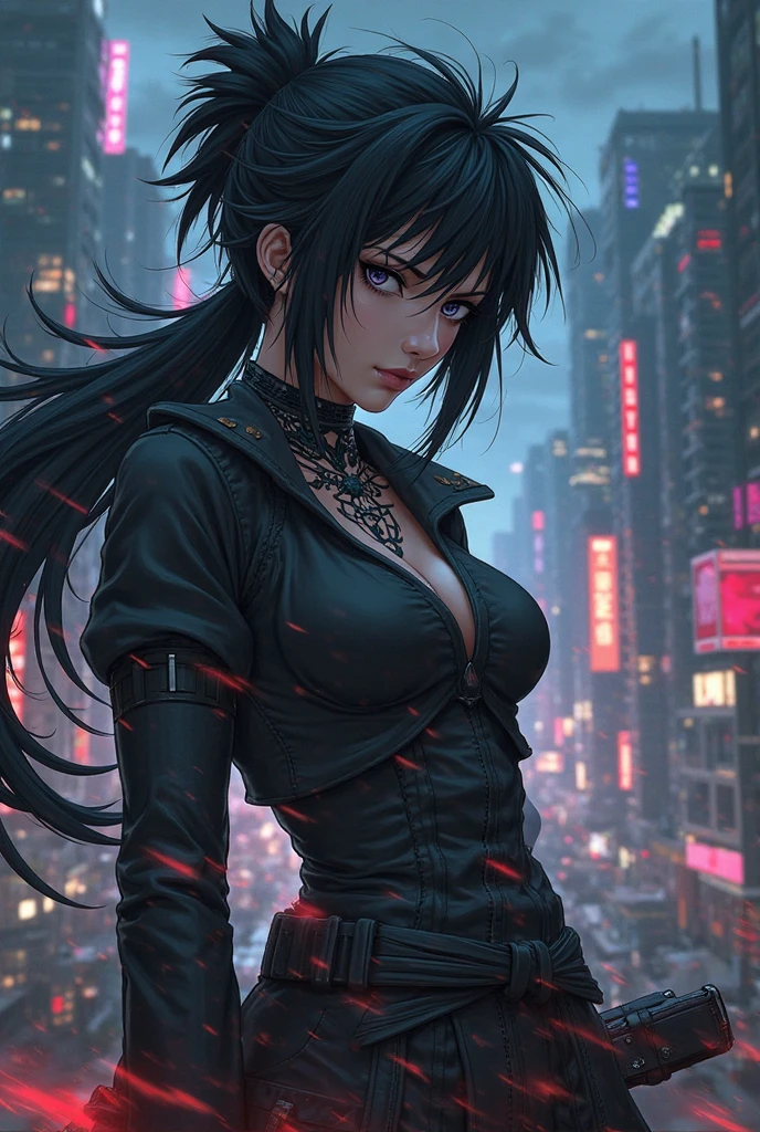 of futuristic city, futuristic skyscrapers, neon signs, flying cars, bustling streets, raindrops falling, wet pavement, reflections, glowing holograms, steam rising from vents, vibrant colors, smoke-filled alleys, foggy atmosphere, dark shadows, mysterious aura, intense gaze, confident posture, umbrella in hand, long flowing hair, stylish clothing, sunglasses, technology overload, futuristic gadgets, advanced architecture, towering buildings, electric energy, glowing eyes, digital interfaces, immersive virtual reality, dystopian metropolis, vibrant nightlife, deep sense of longing, urban decay, remnants of the past, retrofuturism, cybernetic enhancements, robot companions, secret underground societies, elevated walkways, glowing billboards, torrential downpour, thunder and lightning, cinematic composition, dramatic angles, captivating atmosphere, striking contrasts, adrenaline rush, otherworldly feeling.