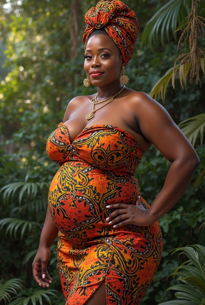 rural Ghanaian woman in bikini, head covered with traditional Ghan head scarf, posing for photo, looking directly at viewer, big butt, big breasts, sexy pose, detailed expression