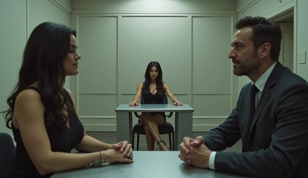 Dark basement a table full of papers and hologram. She: long black hair, pink silk shirt, green eyes, voluptuous body. She explains distractedly and concentrated, while he, in a black suit and a lascivious look, He watches her enraptured. He: short hair, grey eyes, strong jaw, muscled body. around, Three men plan a crime with the girl. but he only has eyes for her. A gun on the table and a crime board on the wall