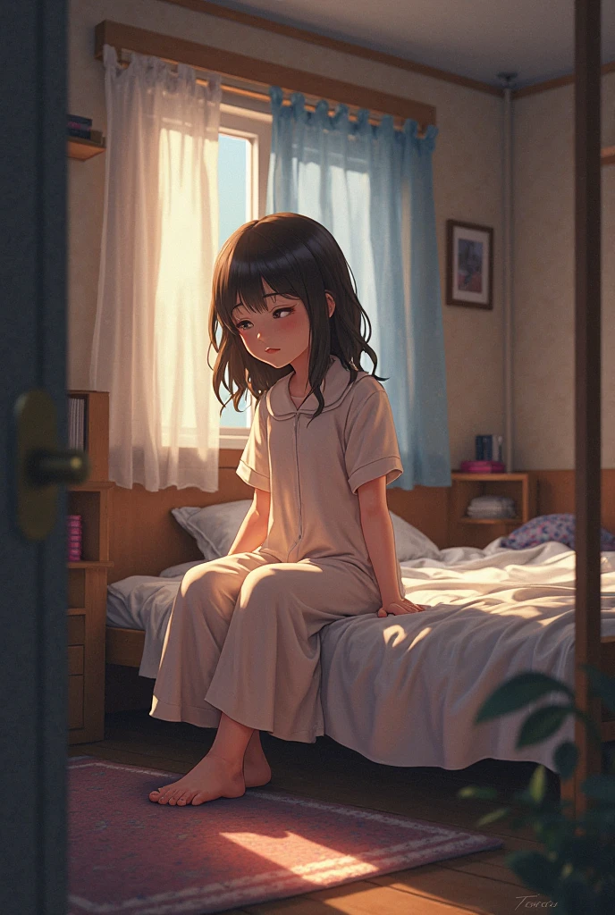 the child lock herself in her room, she felt really sad for witnessing how her parents fought with each other everytime. she's wearing pink and her hair is down. make it a drawing or a sketch like a comics.