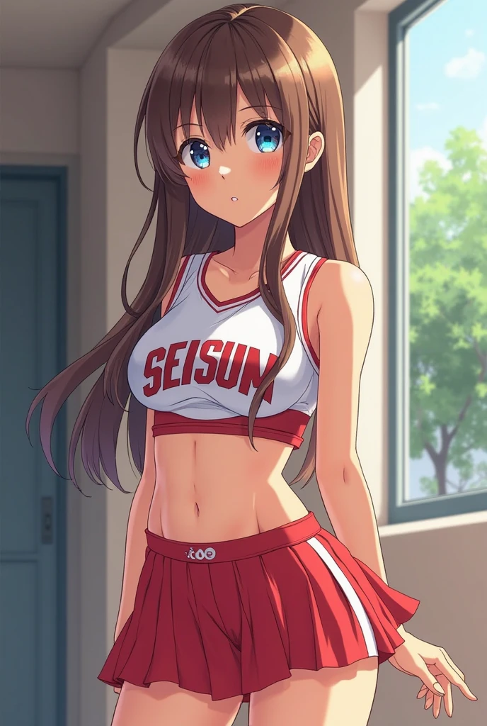 kei (dirty pair) (cosplay), 32-years-old femaile. Dark red long hair with bangs to the eyebrows. Wearing a sexy gym uniform. Sexy pose. In the gym. Looking bashful.