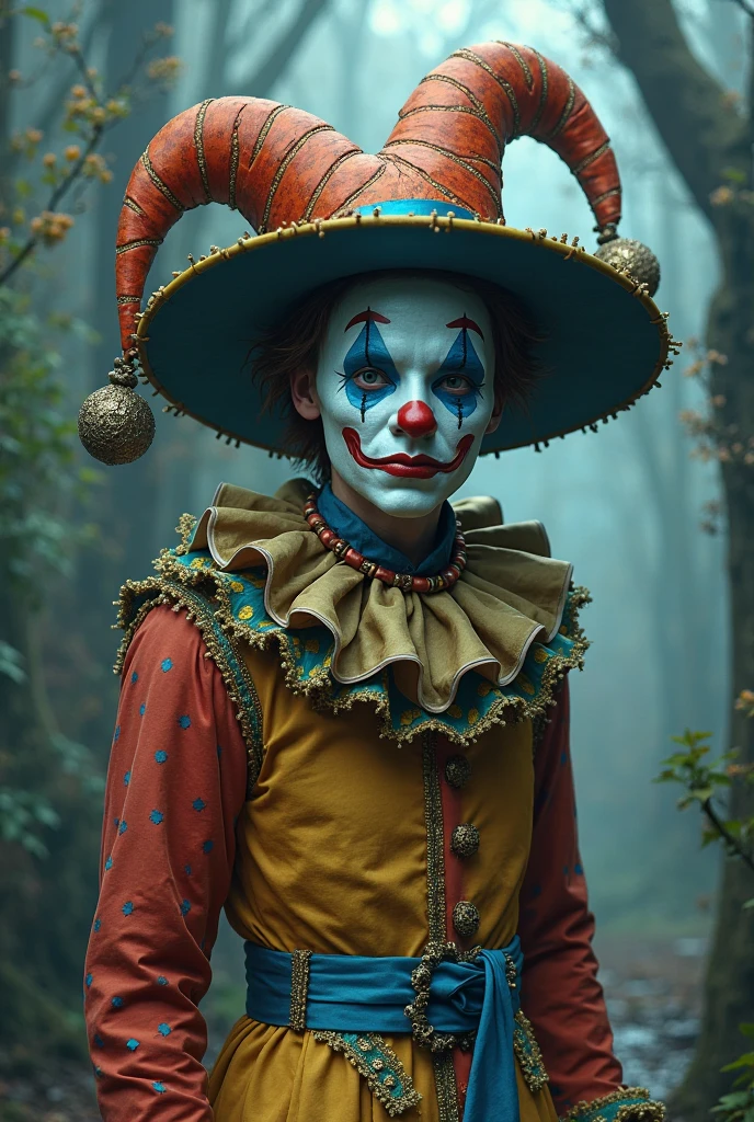 A Victorian-era clown with elegant makeup, green mist rising from his face, and refined Victorian attire. The background is a dark, gaslit street.