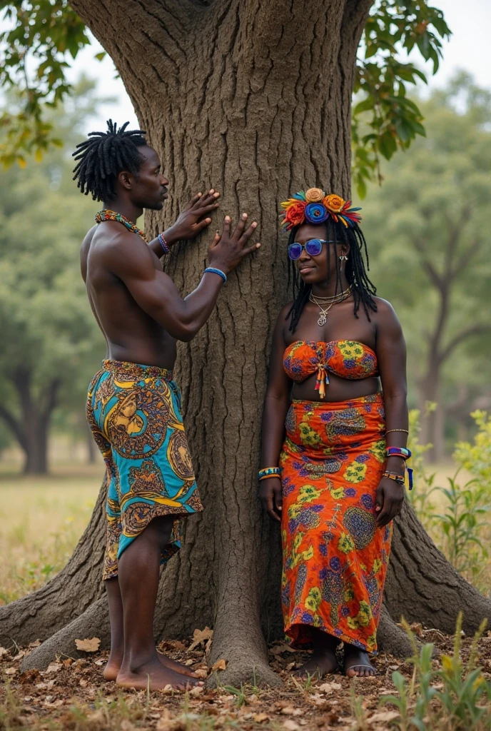 In a beautiful bright African village, a beautiful busty curvy Igbo girl dressed in native short Ankara skirt, and bra, kissing a fit sexy shirtless igbo man with Ankara shorts.