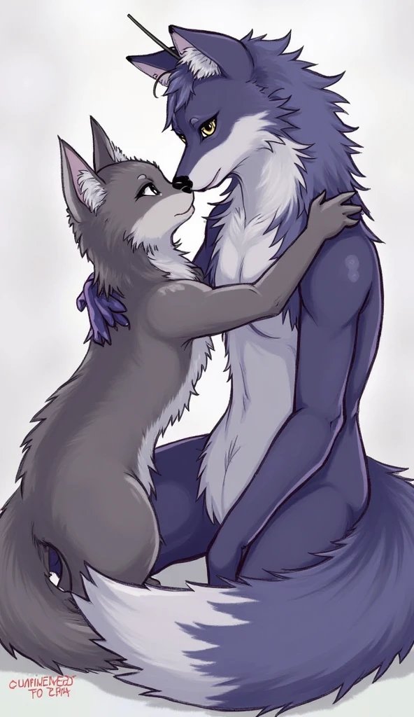 female, furry, black white goat, small breasts, thin body, skinny, curved thighs, short bushy tail, detailed fur, kissing girl, in heat, horny, holding, hugging, humping, yuri, lesbian, no clothes, nude, laying down between legs, sweating, wet fur, cumming, high quality, masterpiece,