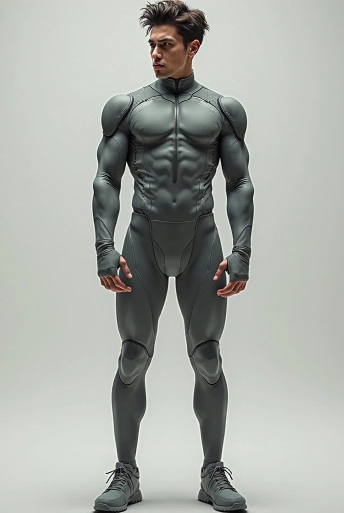 A hairless white guy in his early 20s with glasses wearing a black spandex suit that shows off a great muscular build with very muscular arms and super muscular legs., that they look aesthetic and proportionate and that these in turn are covered by extra long white soccer socks that reach up to the thighs.
This boy will also have a bulge that highlights his private parts..