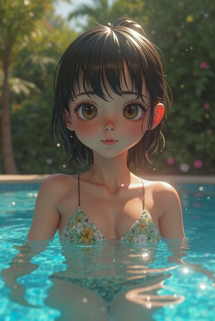 Create semi-realistic latina girl , olive skin , short, shoulder-length, fluffy black hair , Brown eyes , with two moles on the neck , button nose , in a pink bikini with pearls on the bikini straps , Skinny body, small breasts , thin legs , in a pool playing with water.