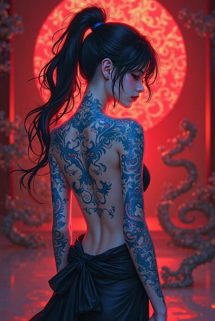 Beautiful girl with a neon (dragon tattoo) tattoo on (back), bioluminescence, long black hair, posing impressively in a beautiful lace swimsuit, against the backdrop of a bedroom, night, rose petals, romantic atmosphere, detailed drawing of small details