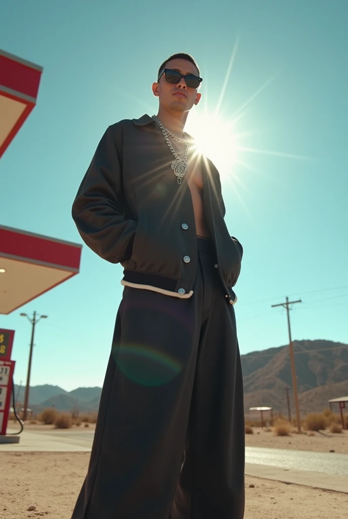 A young man wearing black wide-leg pants, a black jacket, layered silver chains, and rectangular sunglasses stands confidently at a gas station under a clear blue sky. The sunlight flares behind him, creating a dramatic lens glow. The camera is positioned low and close, looking slightly up toward him, capturing his assertive stance and expression. Suddenly, the camera begins a rapid and smooth zoom-out, while the man remains completely still. The scene expands quickly through the gas station, over the surrounding desert, climbing high above the landscape. The zoom continues beyond the atmosphere. In the final view, we see a single, photorealistic Earth slowly rotating in the darkness of space, with no duplicated elements or overlays. A soft glowing dot marks the man’s original position on the planet
