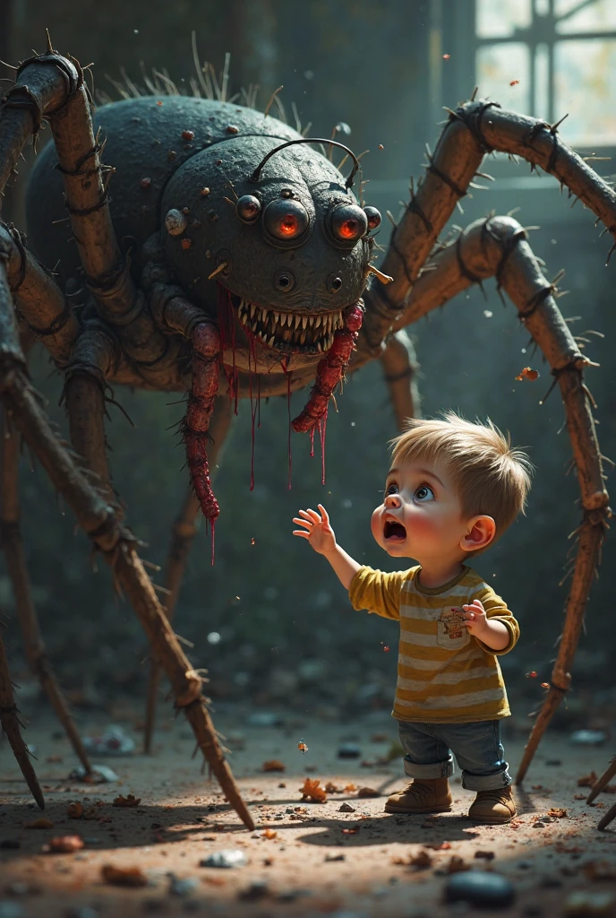 Vintage horror dark spook scared by giant insect , side view, hyperrealistic, realistic lighting, small baby bedroom room, octane render, wide angle photography, unreal engine, overhead light, photorealistic, 8k, cinematic lighting, cinematic filter , hyperrealistic, unreal engine, light penumbra, Lighting dramatic, dark , 8k, movie character , 50mm lens, still film photography, shot with canon eos50D -- v3 --auto --s2