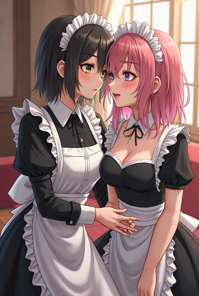 highest quality、masterpiece、((2 girls:1.5))、((smile:1.3))、(blush:1.3)、Black Shirt、blouse、((fun!!))、(Small breasts)、()、Blonde、(Long sleeve)、((White apron:1.5))、((Maid))、((hair ornaments)),、Kamimei、look at me、 ((in house:1.5))、 Taking a break from watching the audience、Cowboy Shot、(Skirt lift:1.3),(Highly detailed pink striped panties:1.3)、(Highly detailed panties:1.3)、、(スカート that rolls up:1.3)、(Panties fully exposed:1.5)、Light blue eyes、long hair、Glowing Eyes