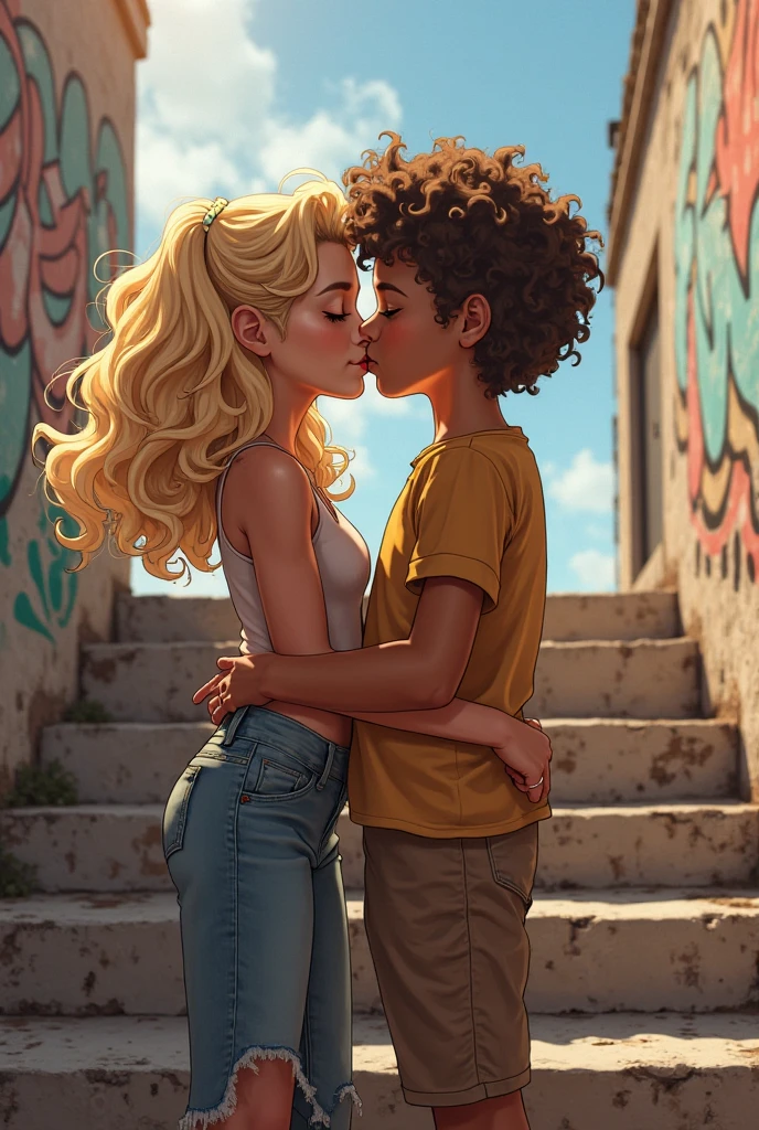 A little black boy in a Barca shirt kissing a white girl with straight hair and elegant clothes (The white one is taller(