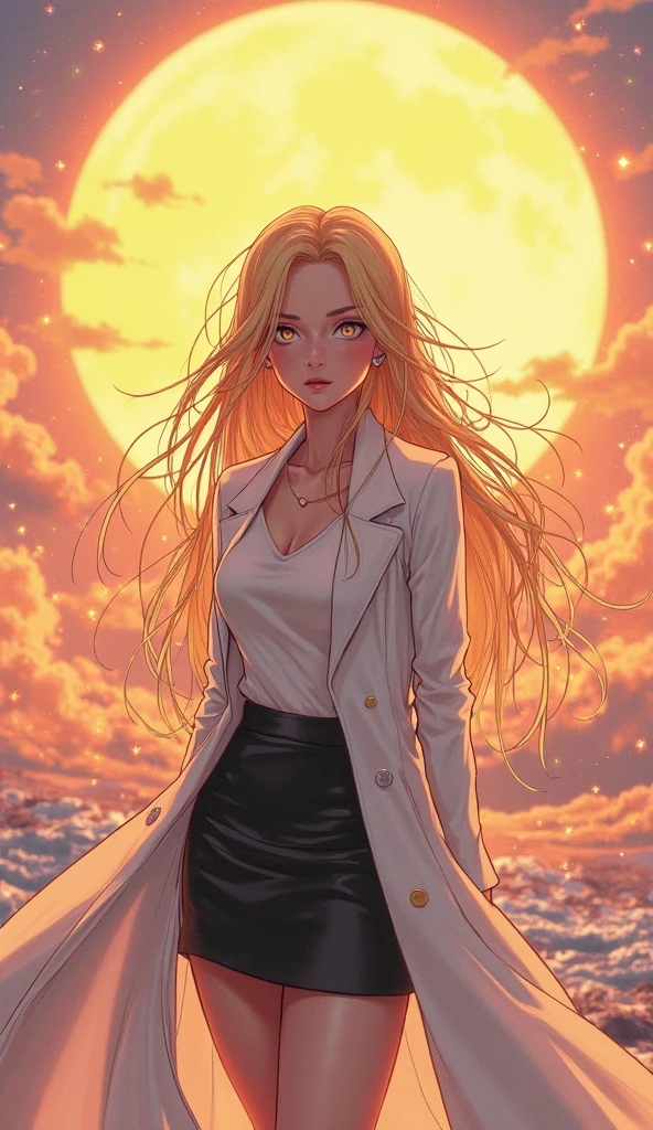 woman standing in front of a bush of orange flowers, beautiful futuristic hairstyle, close-fitting, anime girl cosplay, very, very long blonde curly hair, gray coat with a stand-up collar, Hyper-realistic aesthetics, honeysuckle, Anime Character; full body art, very vascular, Norwegian, conservative, overalls, moon goddess, Tatsumaki, covid-19 as a person