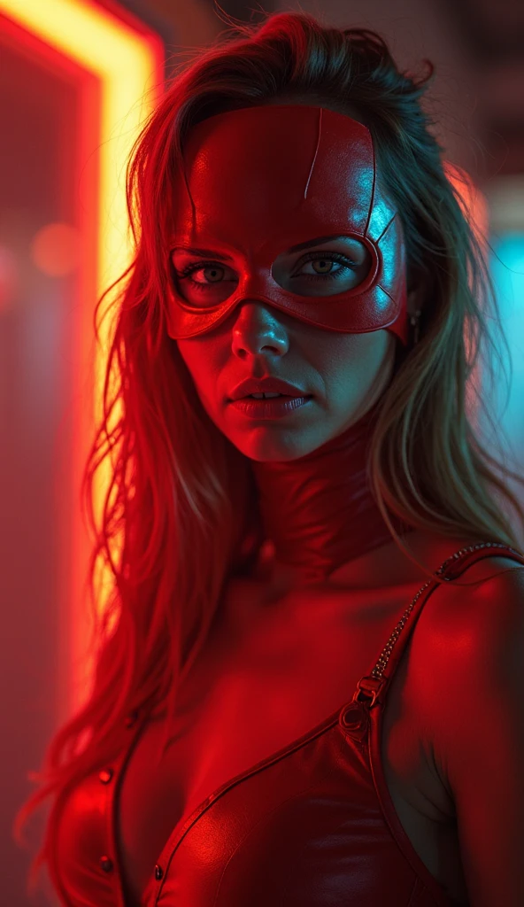 analogue photo, BDSM scene, young blonde woman, (((big boobs))), young man, (muscle), ((((dark minimalist dungeon)))), (neon lights red and green lights), (((((latex BDSM clothes))))), (((heads covered with mouths and eyes exposed))), supermodel, (((slave and master pose)), masterpiece, eye level, Kodak Funsaver, Porta 160, 20mm, bokeh, in the style of Nan Goldin, textured, distressed, ((vintage)), edgy, noisy, high contrast, ralistic, ultrarealistic, 4k, hyperreal