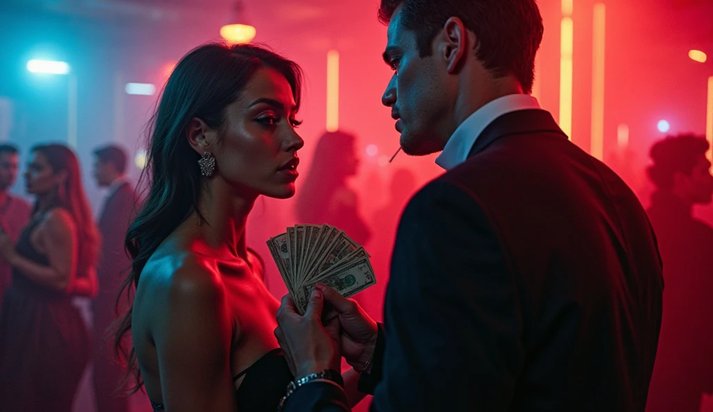 Girl with dark chocolate hair down to her shoulders in a dress with bills in her hand in a strip club watching a muscular guy dancing on the pole. She is blonde with a sweet face and no hair at all. She has black boxer shorts, slicked back hair and an anime-style superman physique.