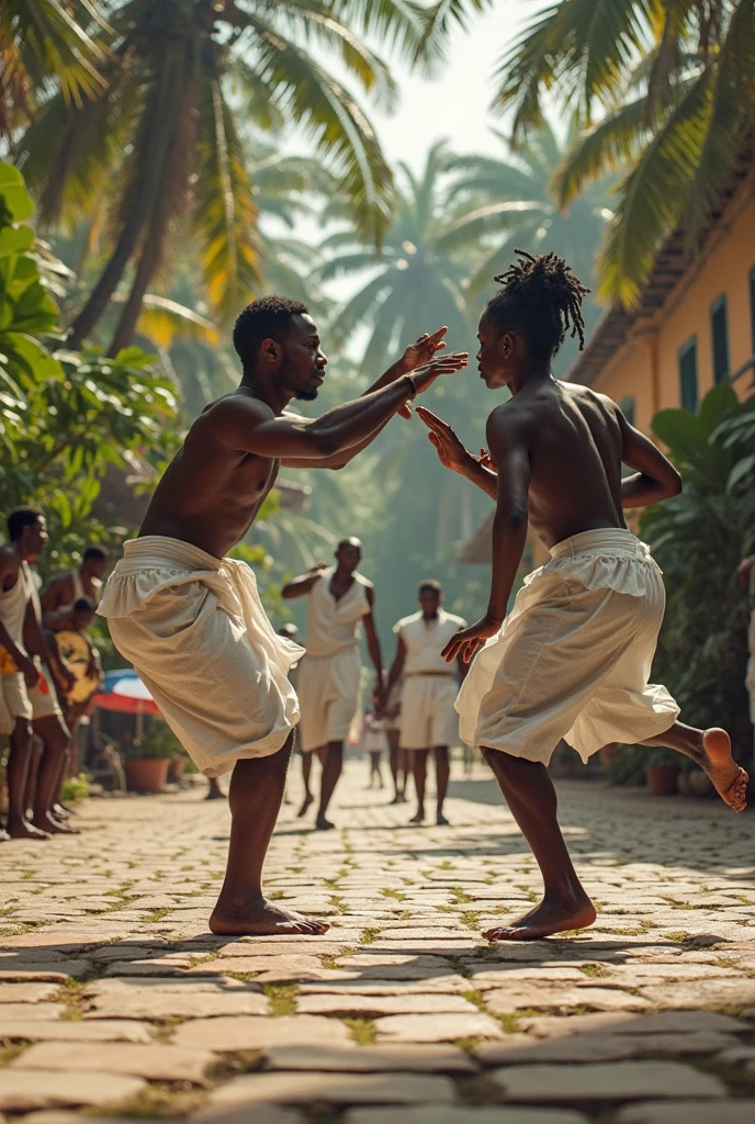 Create a detailed image that represents capoeira, showing two capoeiristas moving in a circle, with typical costumes, like white pants and laces. They must be performing attack and defense movements, like the ginga and the half-moon. The scene should have a vibrant and energetic atmosphere.