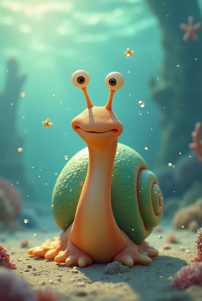 recreates an image inspired by Gary the snail from SpongeBob, following the photo provided. The character will have a similar color palette, with a blue and green body, and prominent eyes on stalks. The background will mimic the colorful and whimsical style of the SpongeBob universe., Possibly including elements such as an underwater scene with bubbles and coral-like structures