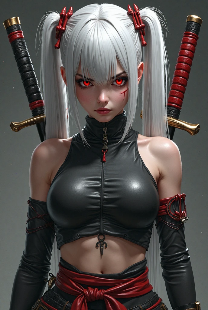 white color hair,Long hair,red eyes,Leather clothes,shortpants,empire,big breasts exposed cleavage,black lence stockings,katana swords,mechs,raining day,the night ,with thin legs,Bare breasts --auto