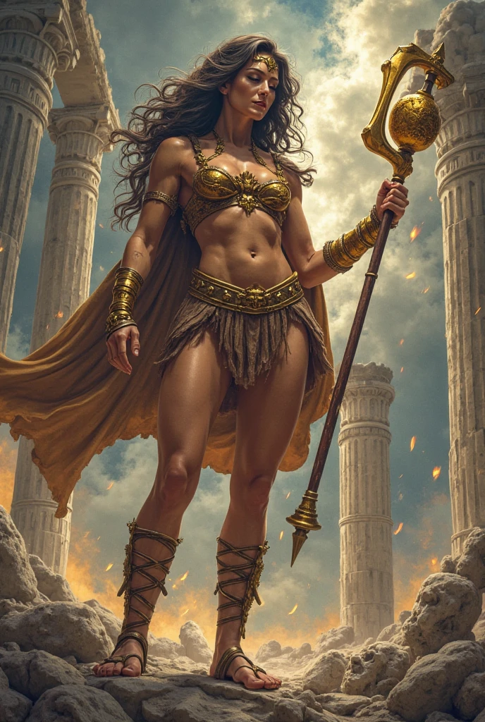 Sculpted warrior, exposed upper torso, legs bared from thighs to feet, flowing long curls, intricate muscular details, photorealistic depiction, 4K resolution. Background: Ancient temple ruins in a lush jungle,32k uhd, best quality, masterpiece, super detail, high details