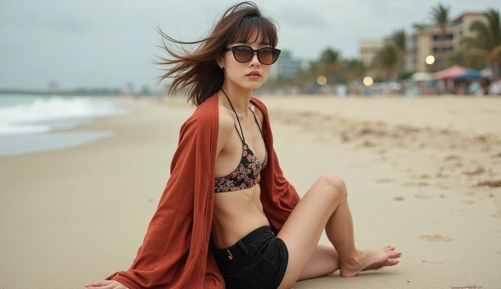 Half body portrait, 8k , plae skin asian ( korea+ Burmese)mixed girl , wearing red printed dress with sunglasses on beach